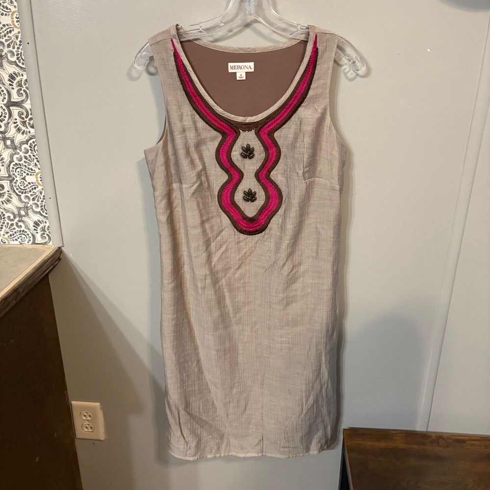 NWT Merona Grey Sleeveless Dress Pink Embroidered Beaded  (Women's 6)